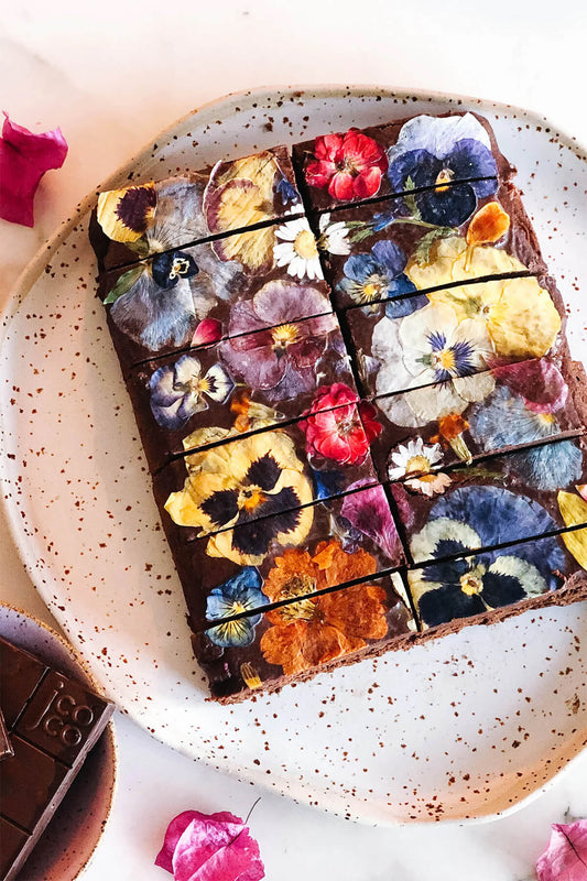 Mango Plantain Chocolate Ganache Brownie with Edible Flowers