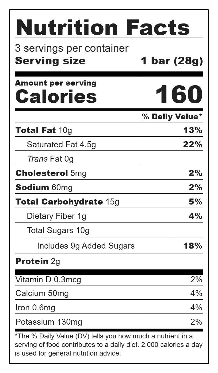 Nutrition Facts for Himalayan Salt + Toffee