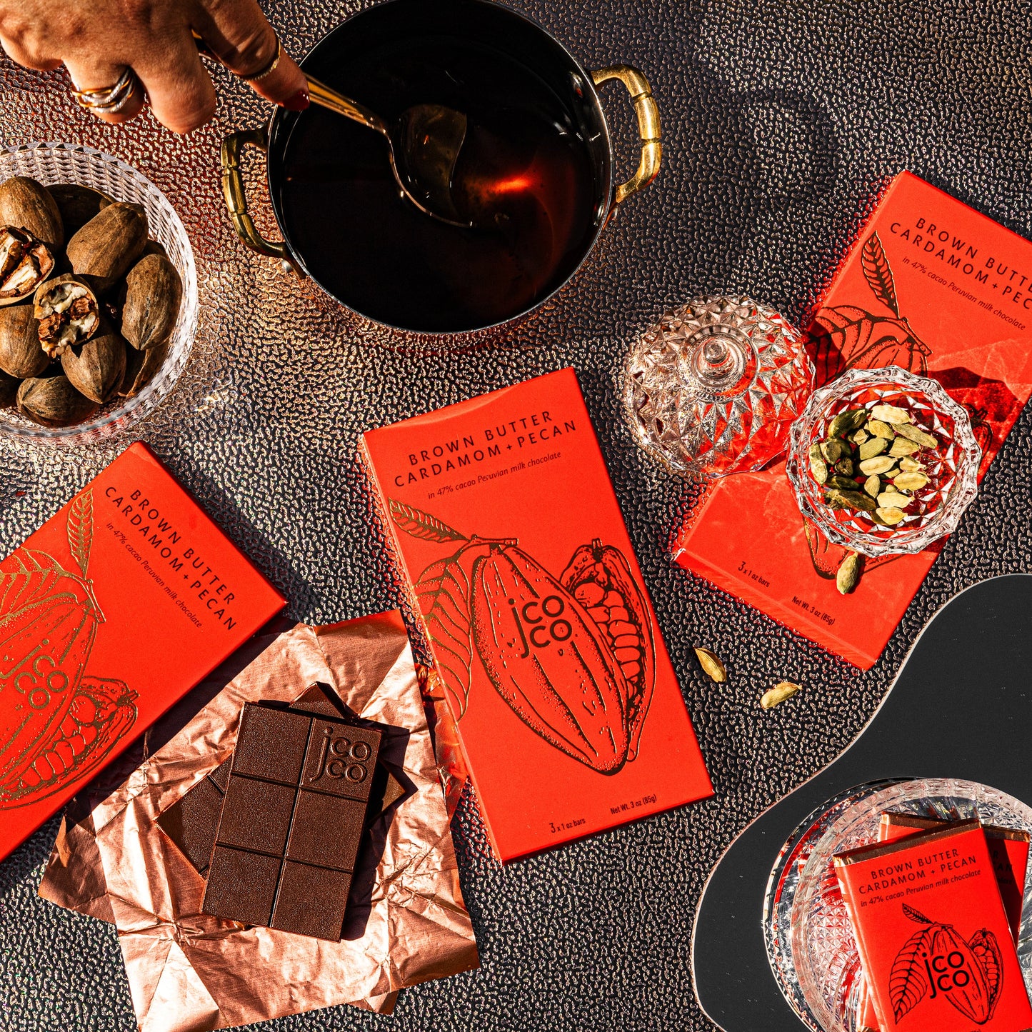 3oz jcoco Brown Butter Cardamom + Pecan Holiday Chocolate Bar