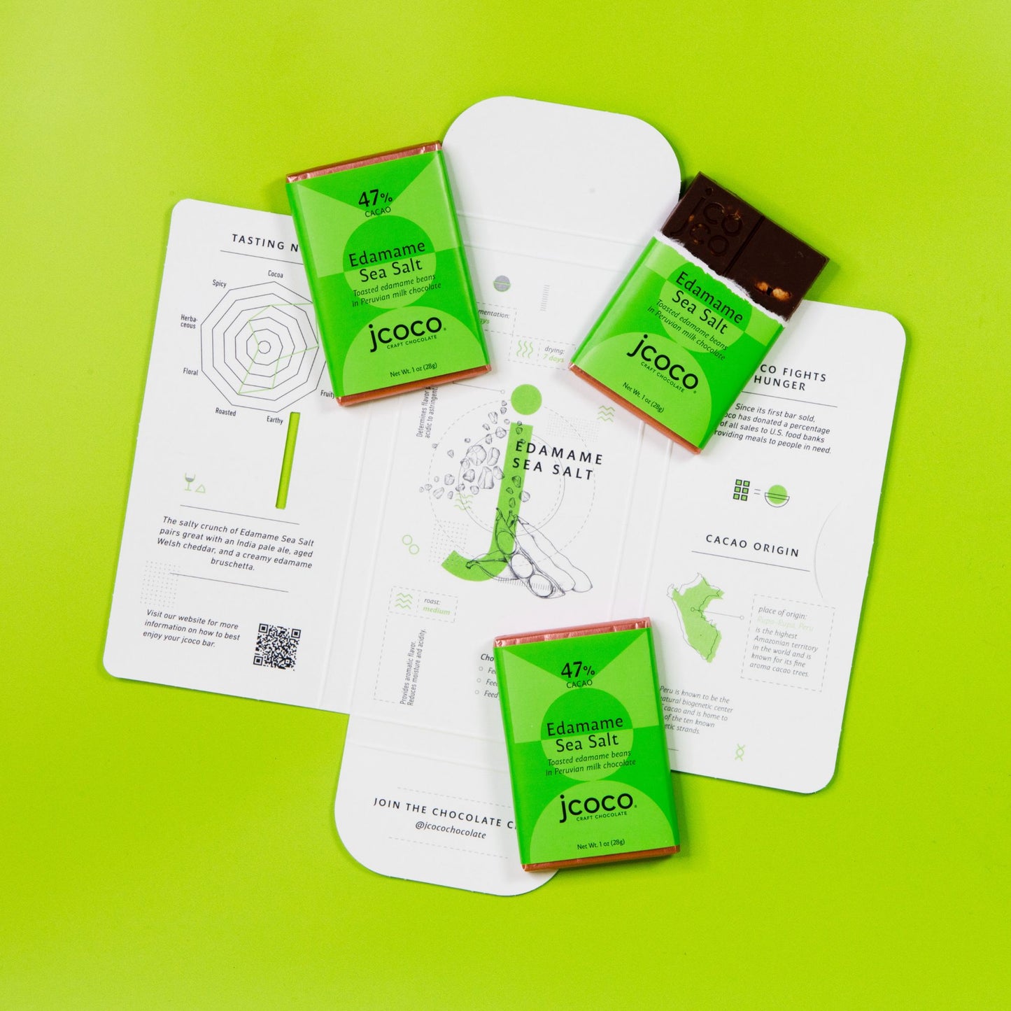 three 1oz jcoco edamame chocolate bars in open envelope
