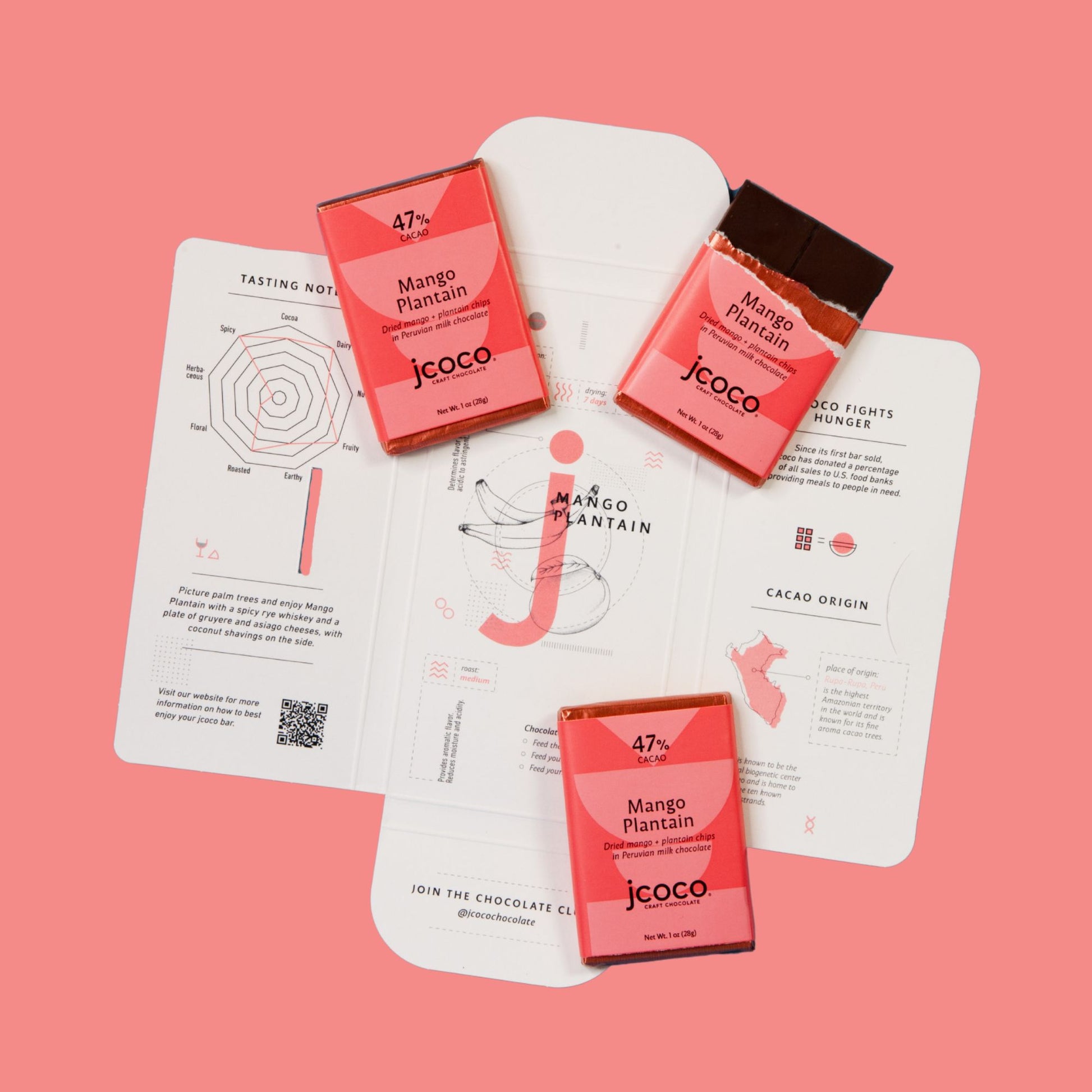 jcoco mango chocolate bar three 1oz bars in open envelope