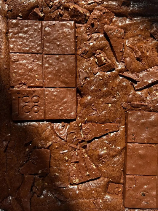 Brownies with Crisp Quinoa Sesame Milk Chocolate & Mango Plantain Milk Chocolate