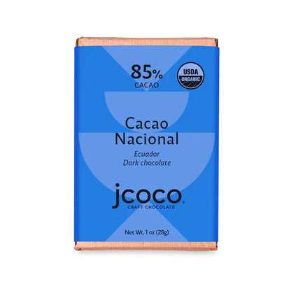 A 1 oz bar of jcoco Cacao Nacional 85% dark chocolate - usdr organic - shop jcoco rare direct trade chocolate from ecuador
