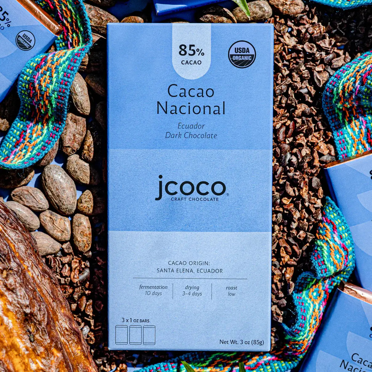 jcoco 85% dark chocolate bar Cacao Nacional Ecuadorian USDA organic dark chocolate 3x1oz bars in each pack