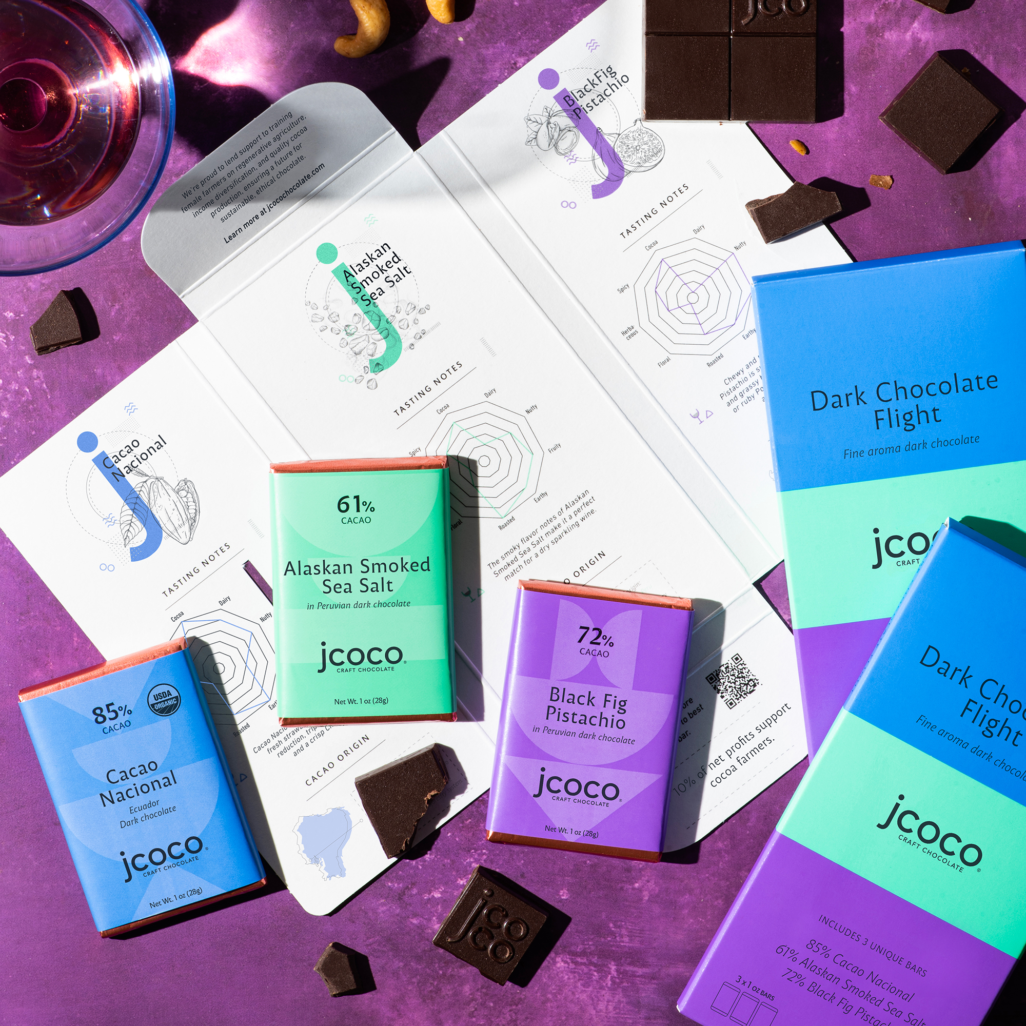 jcoco dark chocolate light with 85% dark chocolate, smoked sea salt, and black fig pistachio flavors