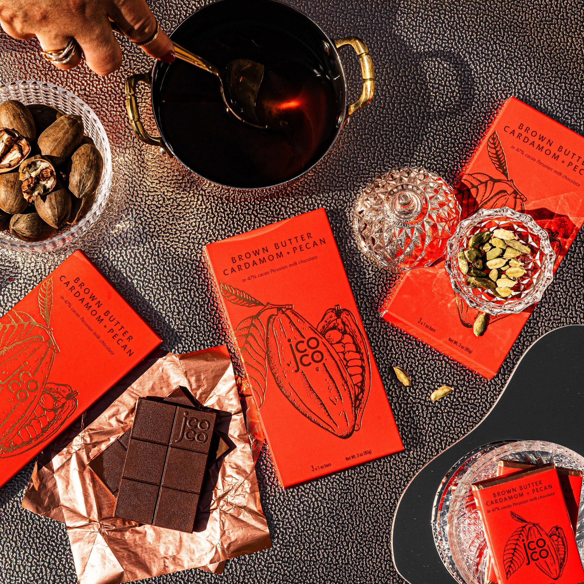 3oz jcoco Brown Butter Cardamom + Pecan Holiday Chocolate Bar