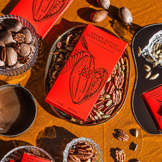 3oz jcoco Brown Butter Cardamom + Pecan Holiday Chocolate Bar
