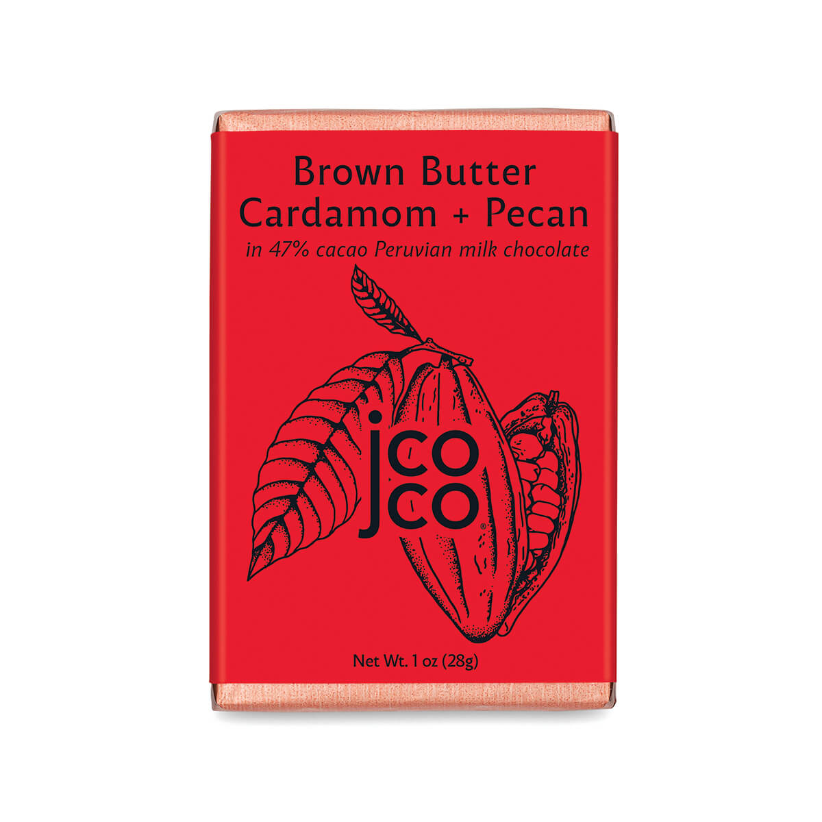 1oz jcoco Brown Butter Cardamom + Pecan Holiday Chocolate Bar