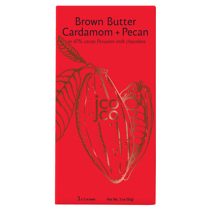 3oz jcoco Brown Butter Cardamom + Pecan Holiday Chocolate Bar