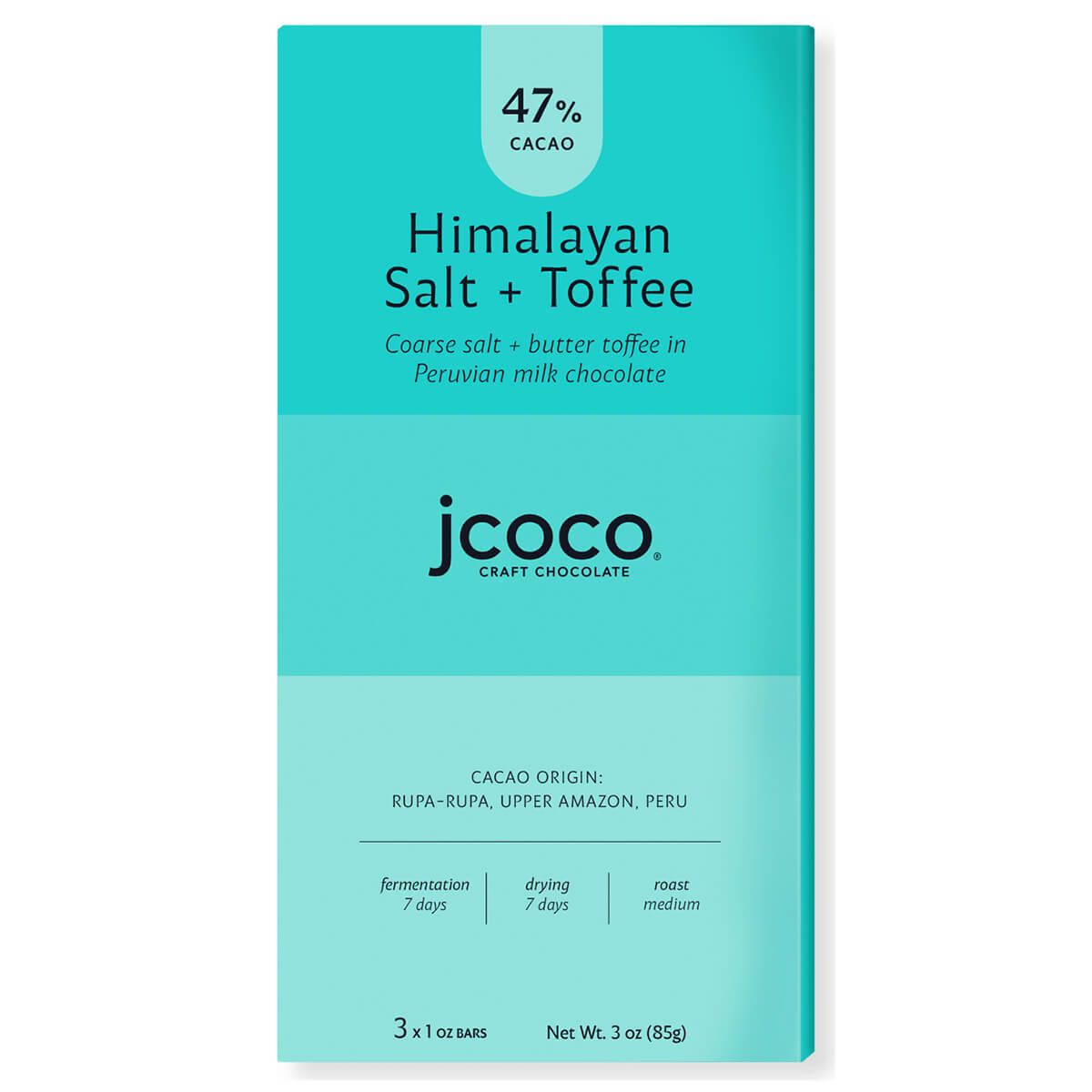 jcoco 47% cacao himalayan salt + toffee chocolate bar 3oz