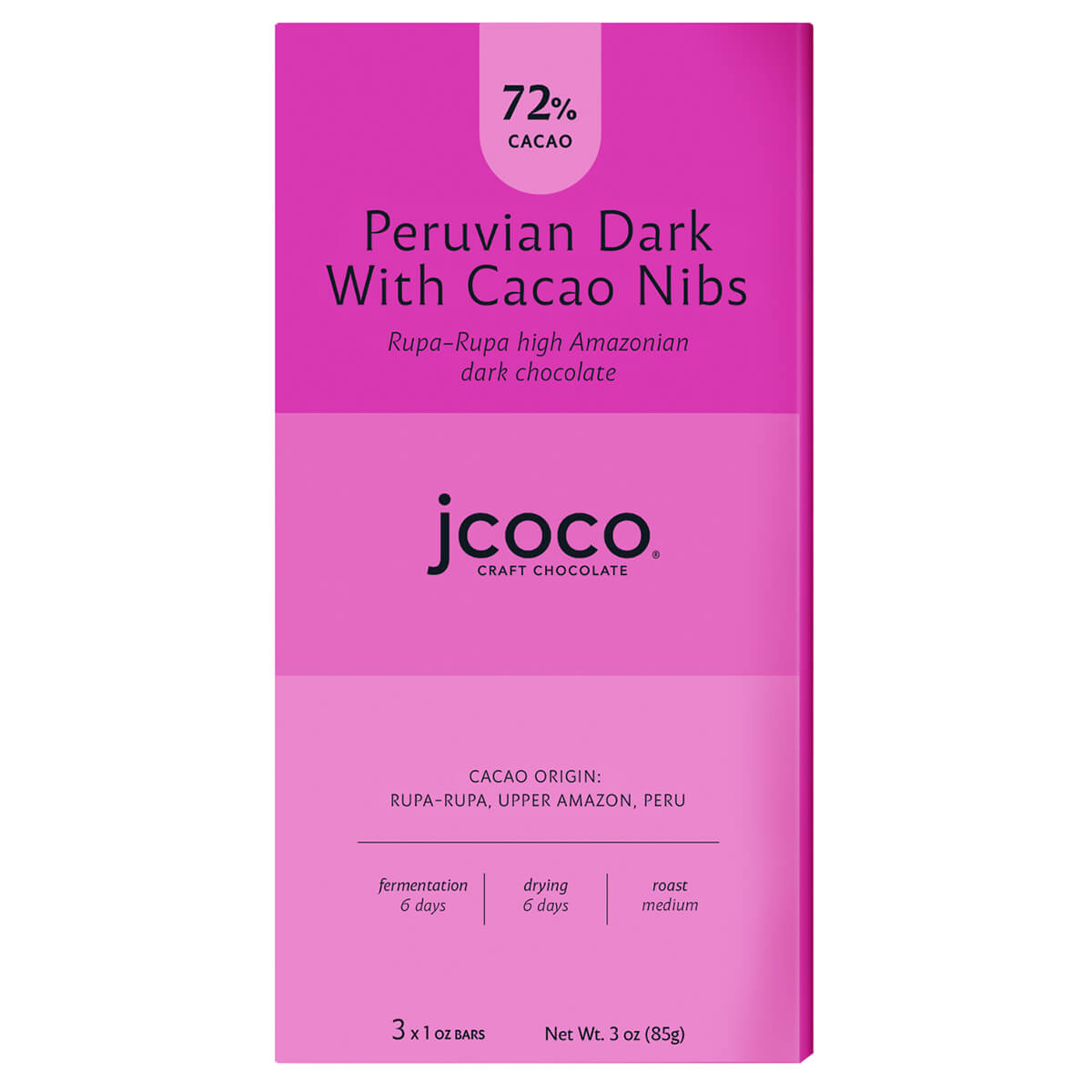 3oz 72% Cacao Peruvian Dark with Nibs chocolate bar