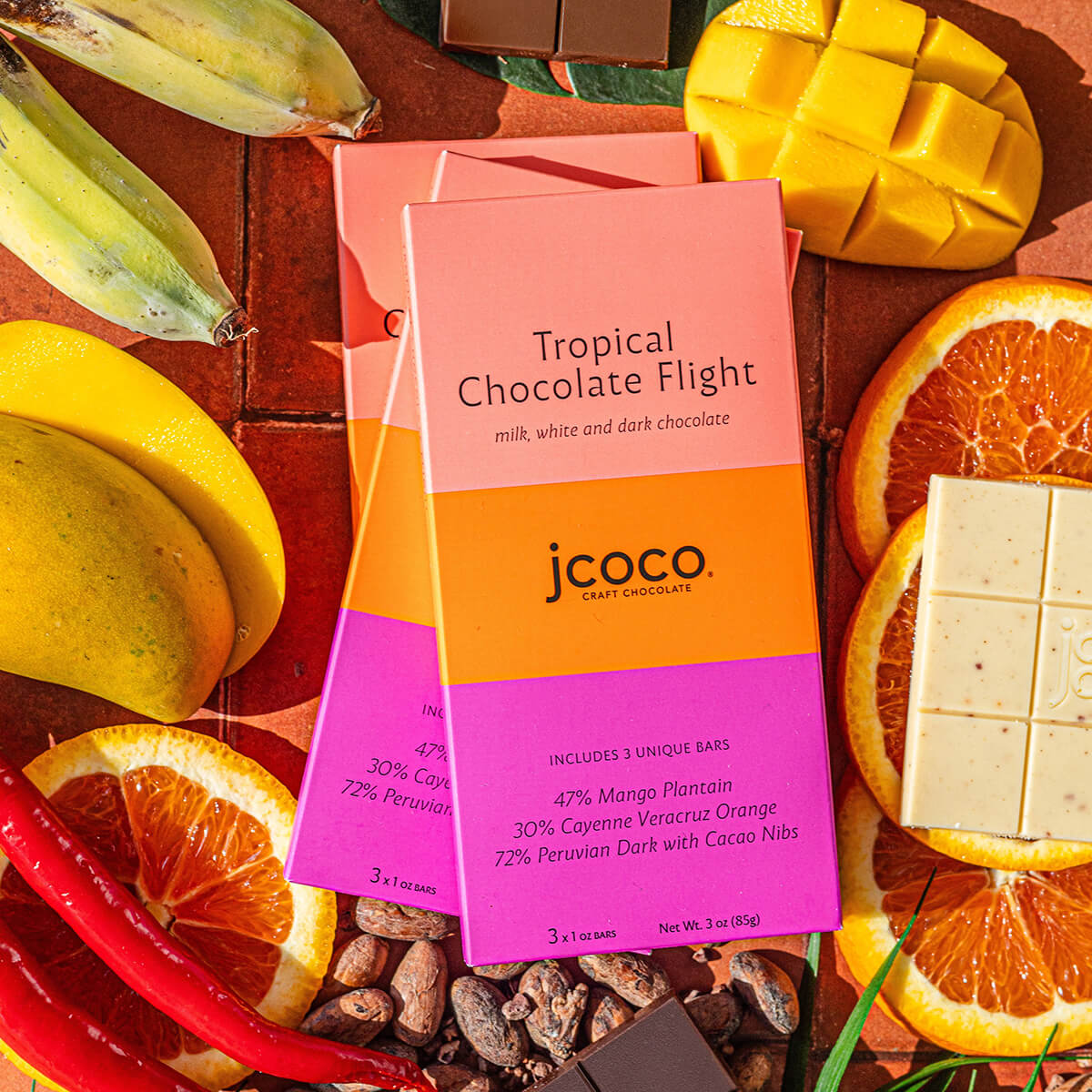 jcoco tropical chocolate flight - milk, white, dark chocolate